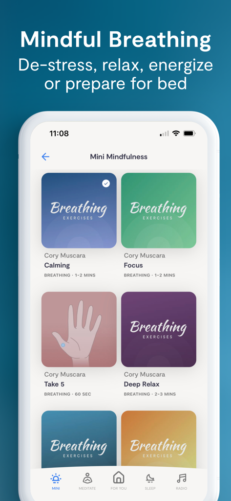 Captura de pantalla de la aplicación Mindfulness.com que muestra mini ejercicios de respiración de mindfulness para un enfoque calmante y relajación