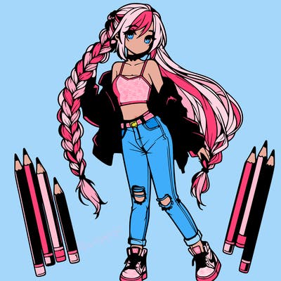 an anime themed girl with beautiful braid reaching their waist, they are wearing a cropped top and ripped jeans with high tops and a leather jacket