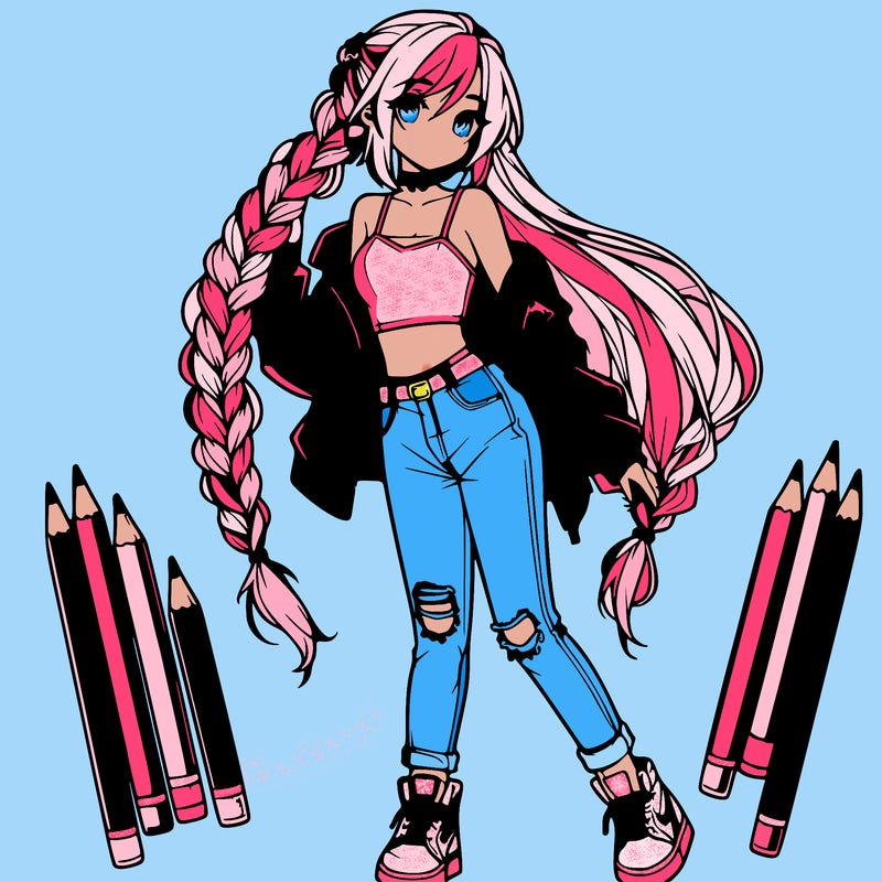 an anime themed girl with beautiful braid reaching their waist, they are wearing a cropped top and ripped jeans with high tops and a leather jacket
