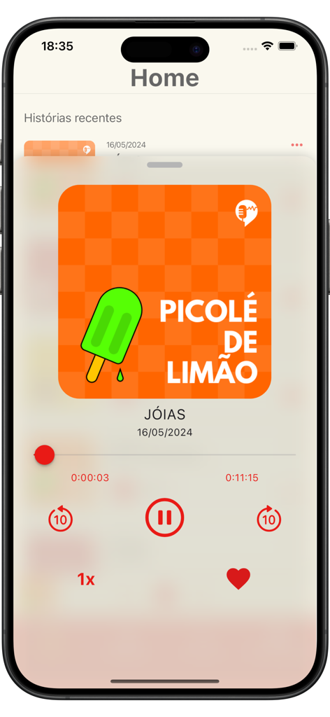 Interface do player de áudio do aplicativo Não Inviabilize tocando um episódio do podcast Picolé de Limão.