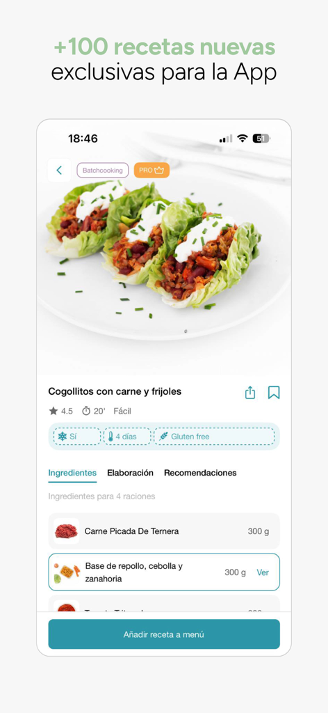 FuturApp mobile interface showing a healthy recipe for lettuce wraps with meat and beans including ingredients and preparation details