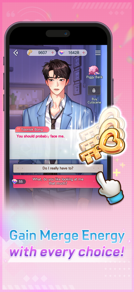 Couple Breaker: Romance Otome - カップルブレイカーのゲームプレイ画面。キャラクターのユンシク・ボンとのダイアログ選択肢が表示され、マージエネルギーを獲得する。