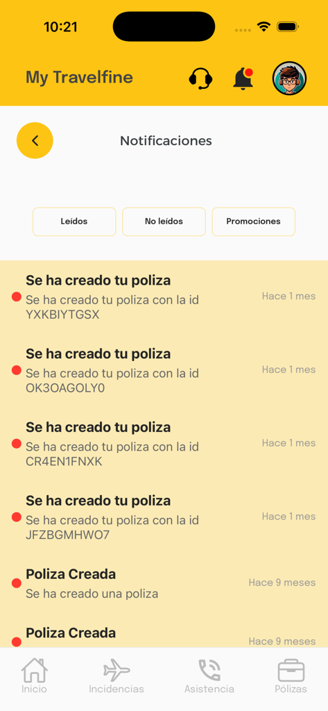 Travelfine - Travelfine mobile app interface showing a list of travel insurance policy notifications and alerts.