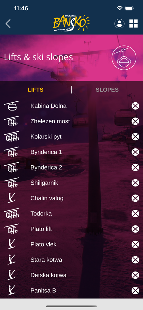 Bansko Ski mobile app interface displaying a list of ski lifts and their current operating status