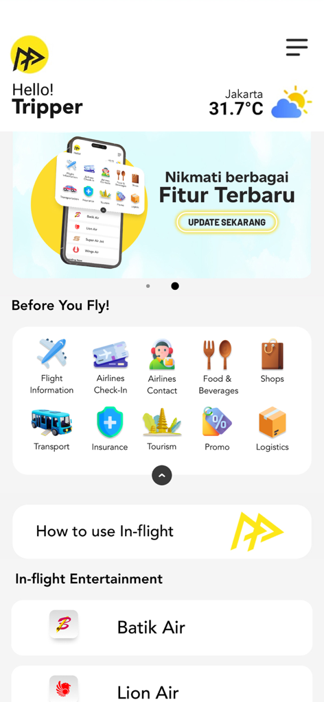 Tripper Travel - Tripper Travelモバイルアプリのダッシュボード、フライトサービスと機内エンターテイメントオプションを表示