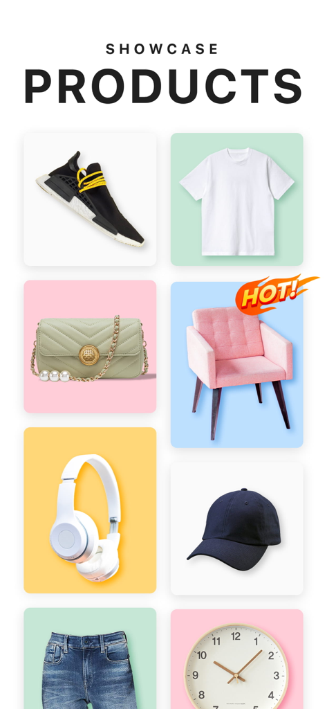 A grid display of retail products including shoes and clothing with clean professional solid color backgrounds