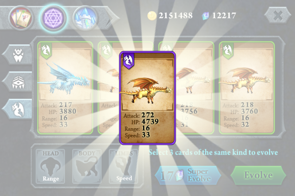 Uma captura de tela da tela de evolução do jogo Fort Conquer mostrando um cartão de dragão com estatísticas de ataque e HP aprimoradas