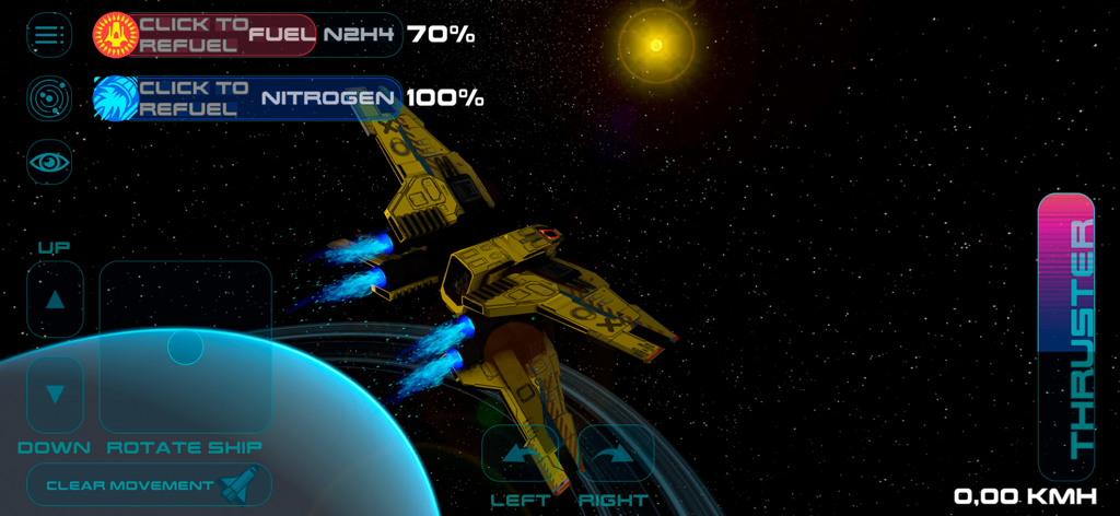 Space Simulator - Una navicella spaziale gialla che naviga nello spazio profondo con un display heads-up visibile che mostra carburante e controlli di volo.