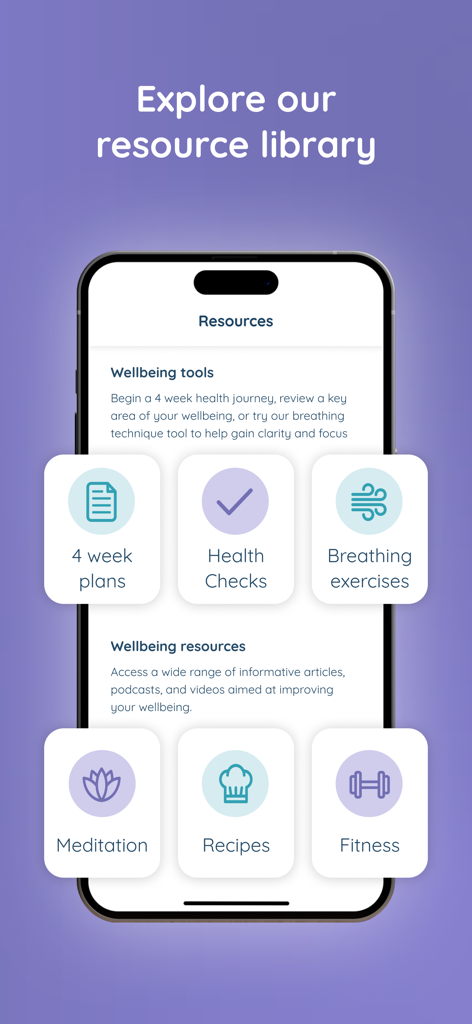 Wisdom: Learn, Grow, Thrive - Una pantalla móvil de la aplicación Wisdom mostrando una biblioteca de herramientas de bienestar como meditación y fitness.
