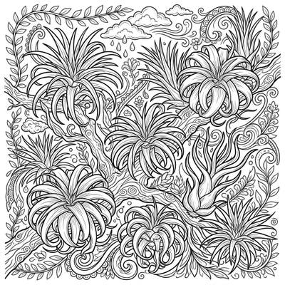 Explore the fascinating world of Air Plants (Tillandsia) with this beautifully detailed coloring template. Immerse yourself in a lush botanical scene, perfect for a relaxing and creative escape.