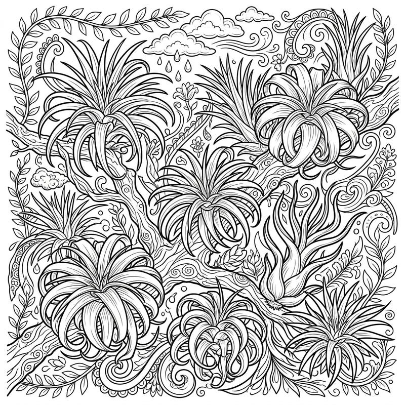 Explore the fascinating world of Air Plants (Tillandsia) with this beautifully detailed coloring template. Immerse yourself in a lush botanical scene, perfect for a relaxing and creative escape.