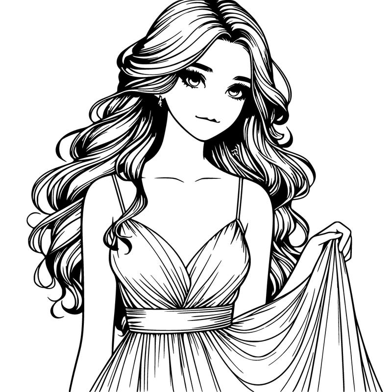 realistic girl in flowy silky prom dress