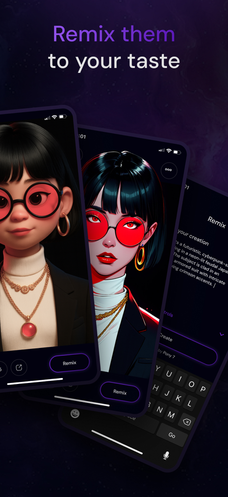 Fictional - Screenshot of the Fictional app showing the remix feature where users can customize AI characters by choosing different artistic styles and vibes.