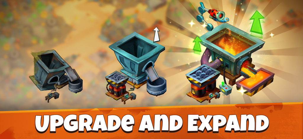 Idle Junkyard Tycoon: Be Rich! - Tres etapas de mejoras de máquinas de reciclaje que muestran la progresión en Idle Junkyard Tycoon