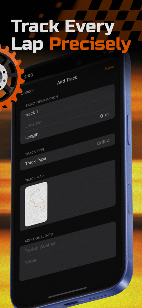GG: Gas Grip - Gas Grip app interface showing the Add Track screen with a custom hand drawn track map