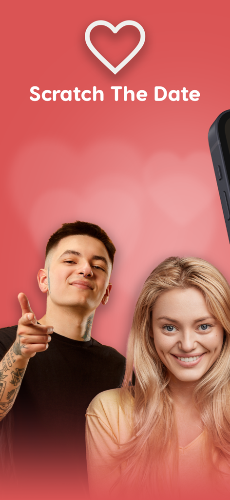 Scratch The Date - Scratch The Dateアプリのスプラッシュスクリーン。タイトルロゴと、赤い背景に幸せそうな若いカップルが表示されています。