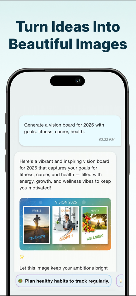 A smartphone screen displaying the Memozy app generating a visual vision board for fitness and career goals through AI chat.
