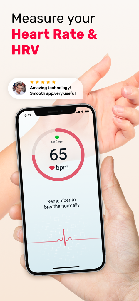 HeartMe: Mental Health - Una pantalla de smartphone que muestra una medición de frecuencia cardíaca de 65 lpm con una interfaz de seguimiento de VFC