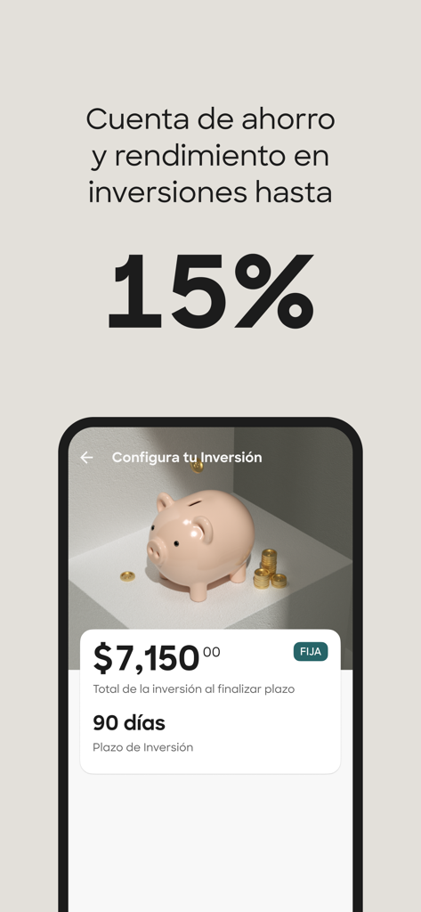Klar app interface showing a 15 percent investment return and savings account options