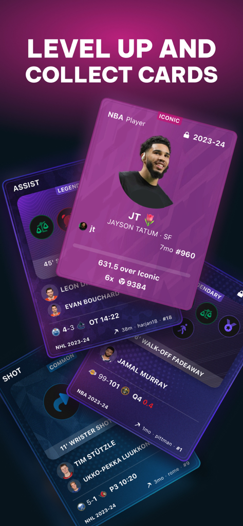 Real app interface showing collectible digital sports cards for NBA and NHL players