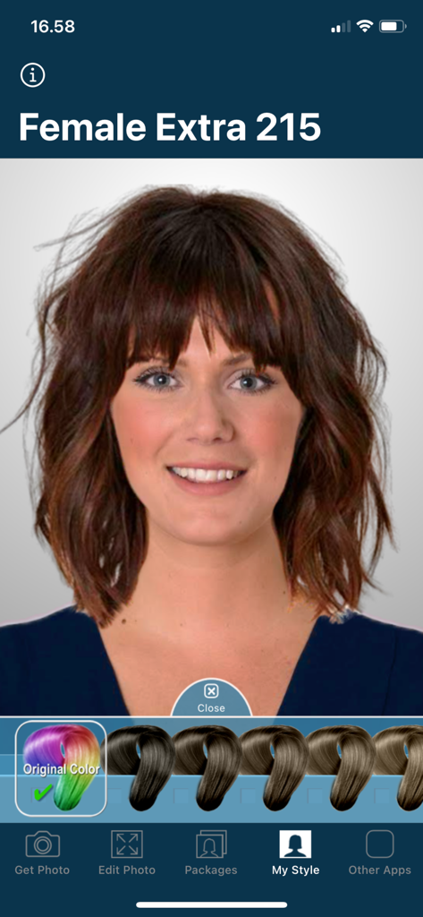A woman using the Hairstyle Try On app to preview a medium length brown hairstyle with bangs.