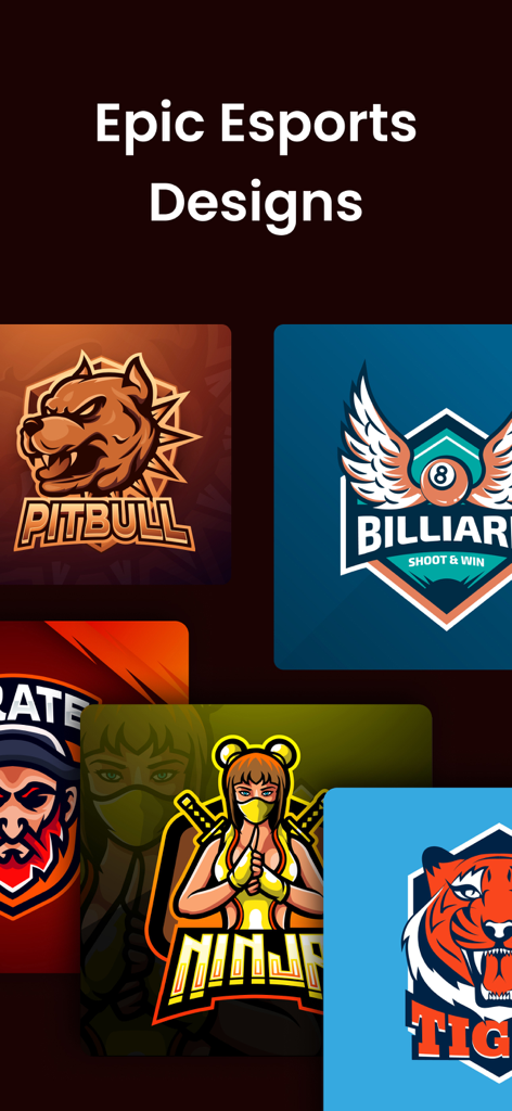 Logo Esport Gaming Maker - A variety of bold esports mascot logo templates for gamers including a pitbull ninja and tiger