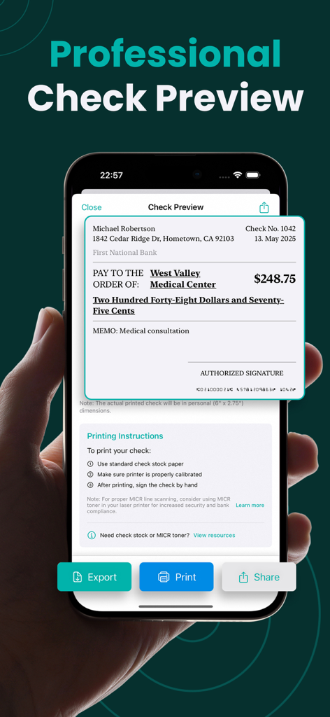 Check Writer: QuickCheck - Vista previa de un cheque profesional y opciones de impresión dentro de la aplicación móvil QuickCheck