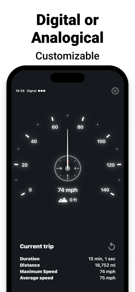 Analog speedometer interface showing current speed, altitude, and trip statistics in the Digital GPS Odometer app.