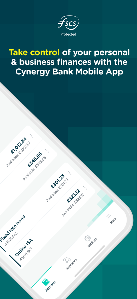 Pantalla de la aplicación móvil de Cynergy Bank que muestra los saldos de las cuentas de bonos a tipo fijo y ISAs en línea con el logotipo de protección FSCS