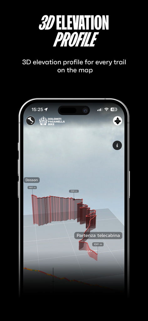 MowiBike - Tela do aplicativo MowiBike mostrando um perfil de elevação 3D de uma trilha de mountain bike