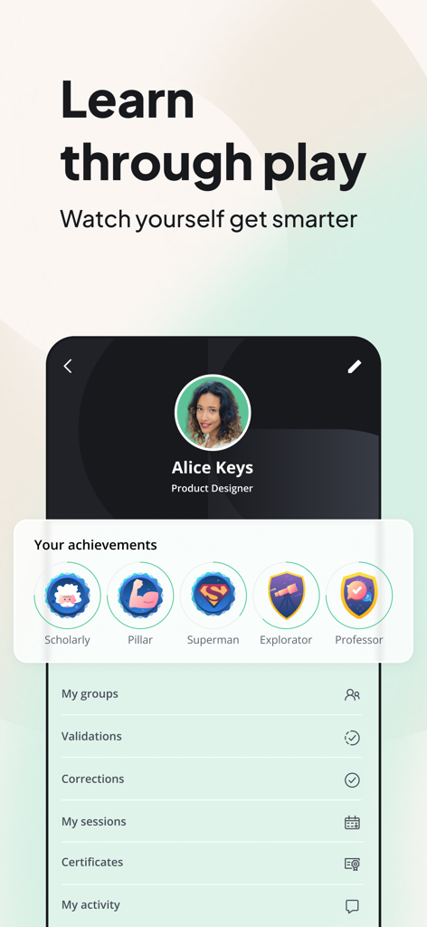 360Learning - Écran du profil utilisateur dans l'application 360Learning présentant les réussites professionnelles et les badges