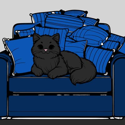 realistic cat on a coach with many pillows