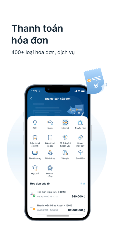 Payoo mobile app interface for bill payments in Vietnam showing categories for electricity, water, and internet utilities