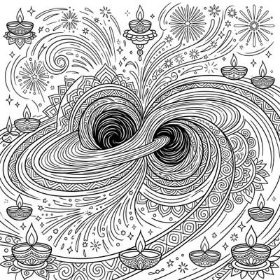 Embark on an extraordinary coloring journey where the celestial dance of black hole mergers meets the vibrant spirit of Diwali. This unique design blends intricate cosmic patterns with festive diyas and dazzling fireworks, offering a truly out-of-this-world artistic experience.