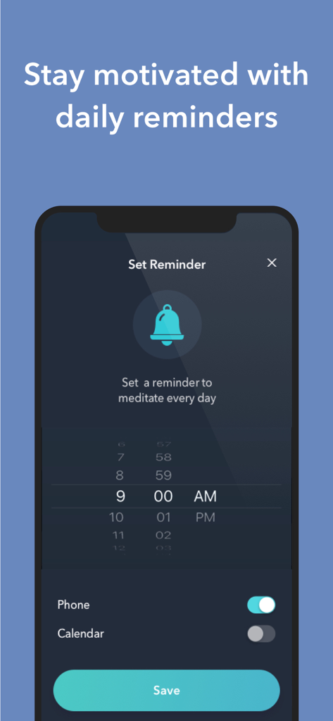 Simple Habit app screen showing daily meditation reminder settings