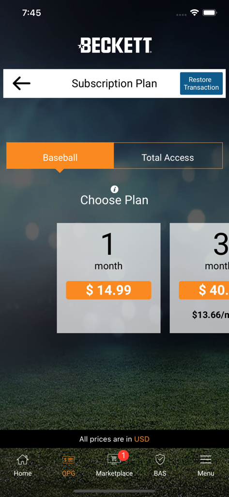 Beckett Mobile - Beckett Mobileアプリのサブスクリプション選択画面には、スポーツカードガイドの価格が表示されます。