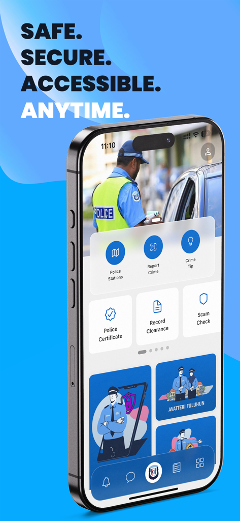 PoliceMV mobile app home screen showing services for reporting crime and obtaining police certificates.