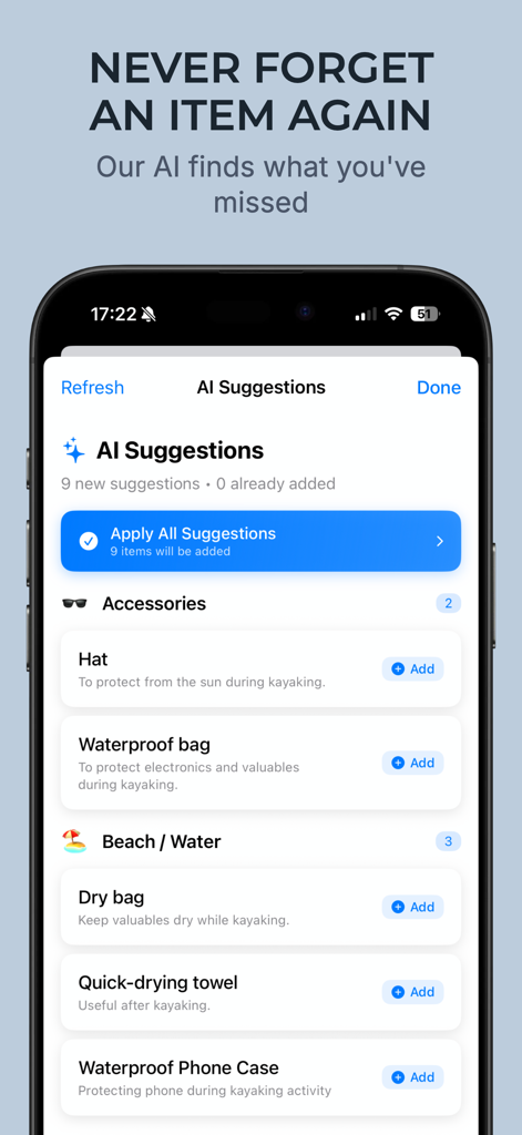 PackNinja: Travel Packing List - PackNinja app interface displaying AI suggestions for a travel packing list