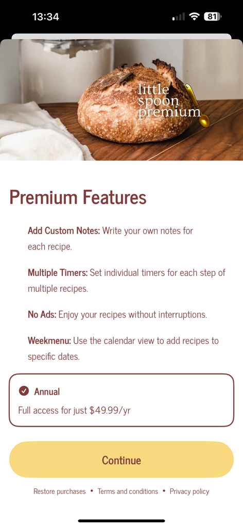 Premium features and annual subscription screen for the Little Spoon Farm sourdough baking app