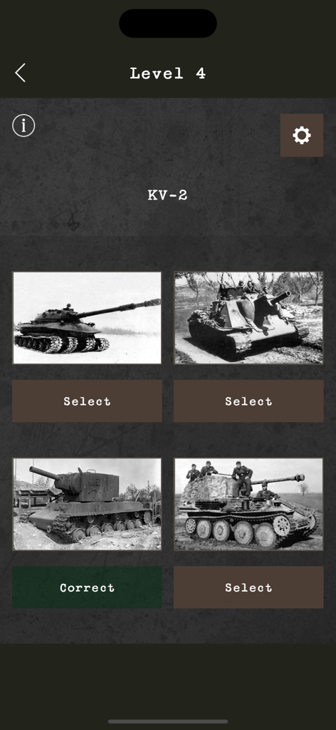 A quiz level in the Tank Lineup app asking the user to identify a KV-2 tank from four historical black and white images.
