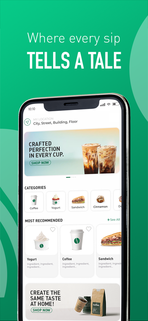 Stories Coffee Shop - Pantalla de inicio de la aplicación Stories Coffee Shop que muestra categorías de café, yogur y sándwiches