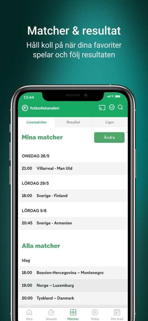 Fotbollskanalen - Interfaz de la aplicación Fotbollskanalen mostrando una lista de partidos de fútbol programados y marcadores en vivo.