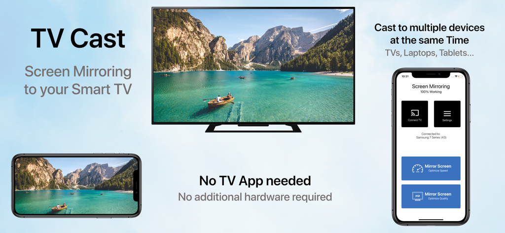 iPhone画面がスマートTVにミラーリングされ、横向きのビデオとアプリのインターフェースが横に表示されています