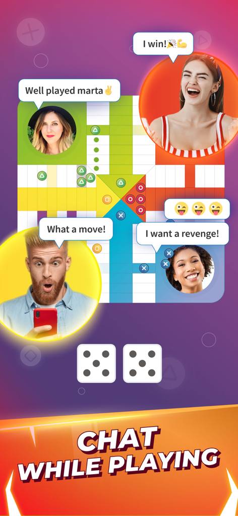 Tablero de Ludo en línea con burbujas de chat en vivo y reacciones de jugadores