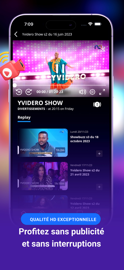 Screenshot of the My NCI TV app video player displaying the Yvidero Show with replay options and high definition streaming quality.