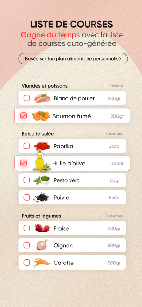 Mobile app interface showing an automated grocery list organized by food categories for meal prep