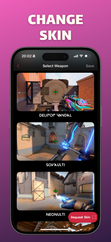 Valo Crosshair Pro - Interfaz de Valo Crosshair Pro que muestra fondos de skins de armas como Vandal Glitchpop y ultimate de Sova para previsualizar miras.