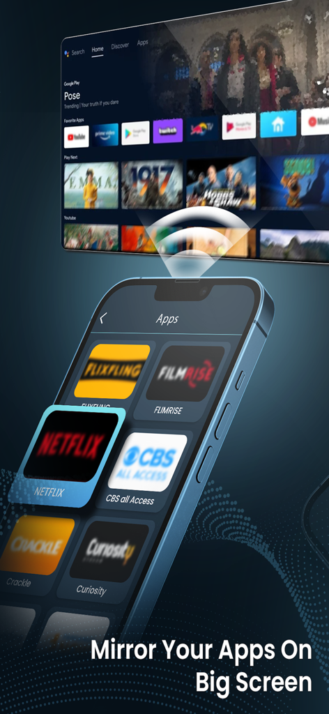 Miracast ﾠ - Una pantalla de iPhone mostrando aplicaciones de transmisión como Netflix y CBS duplicándose en una pantalla grande de Smart TV.