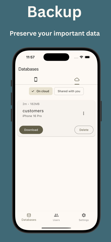 PhoneSQL app interface showing the cloud backup management screen for database files