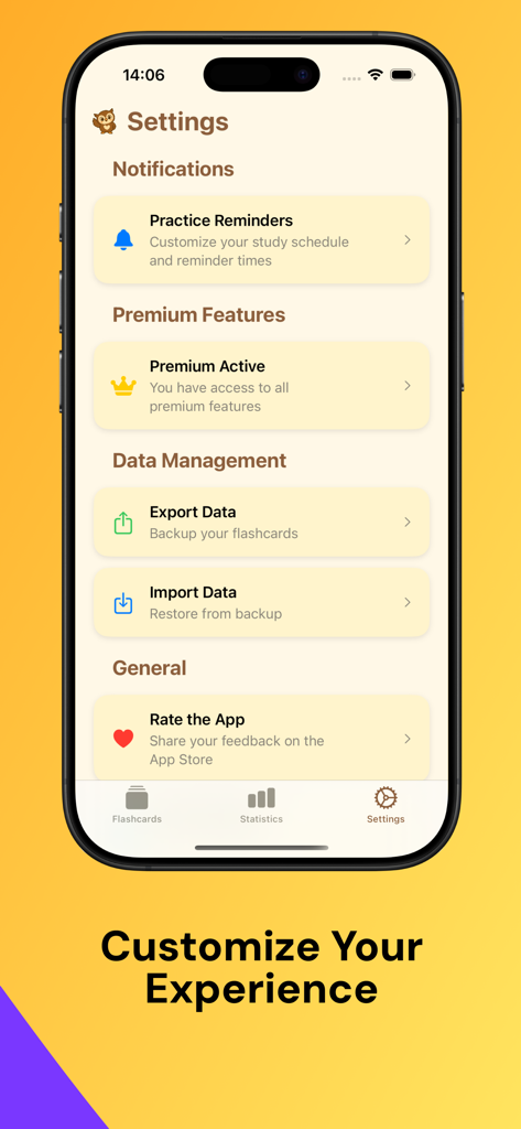 MemoCards: AI flashcards - The settings screen of the MemoCards app showing options for practice reminders, premium status, and flashcard data management.